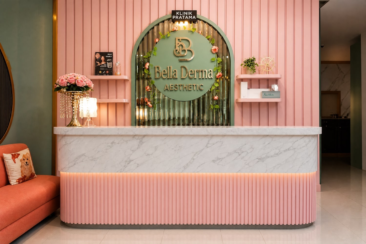 Area resepsionis dan ruang tunggu Bella Derma Aesthetic di Kelapa Gading, Jakarta Utara