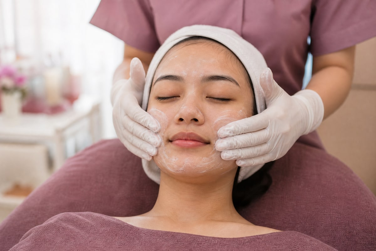 Ilustrasi perawatan facial, terapis membersihkan wajah pasien